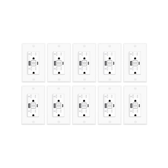 Greencycle GFCI Outlet 20 Amp with USB C & USB A Ports, 10PK Self Test GFCI Electrical Outlet Combination with USB,LED Indicator,Residential & Commercial Grade, Includes Wall Plate & Screws, White