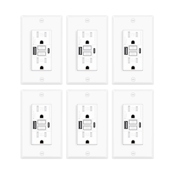 Greencycle GFCI Outlet 20 Amp with USB C & USB A Ports, 6PK Self Test GFCI Electrical Outlet Combination with USB,LED Indicator,Residential & Commercial Grade, Includes Wall Plate & Screws, White