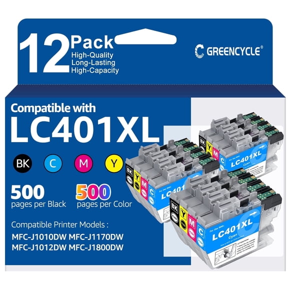 Greencycle LC401XL Ink Cartridge Replacement for Brother 401XL LC 401 XL Compatible with MFC-J1010DW MFC-J1012DW MFC-J1170DW Printer(12 Combo Pack, Black Cyan Magenta Yellow)
