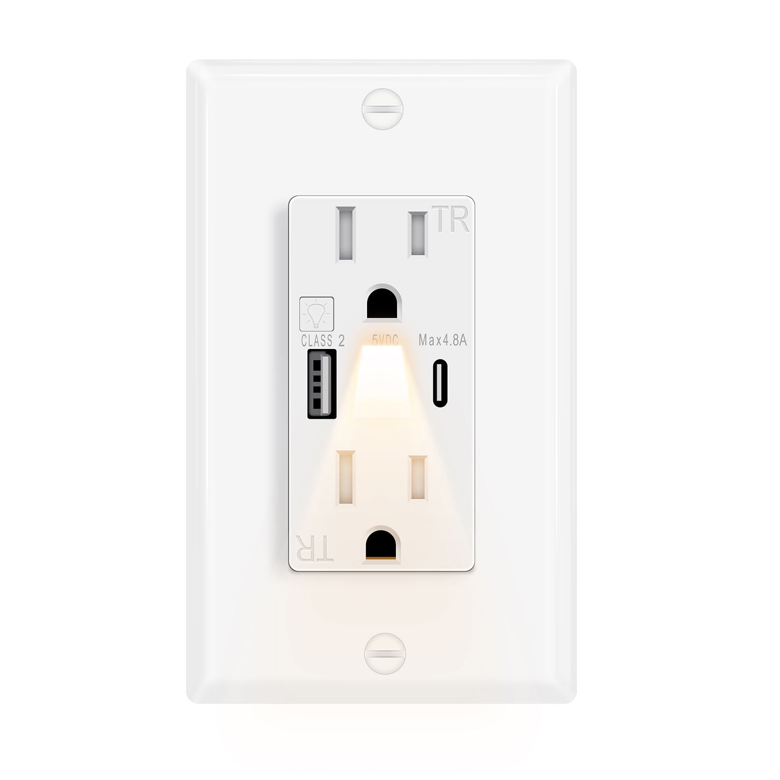 Greencycle Outlet With Built in Light And USB C,1PK 15Amp High Speed Night Light Outlet With USB,4.8A USB A/C Ports Electrical Outlet Tamper-Resistant,Wall Plate Included for Home,Office