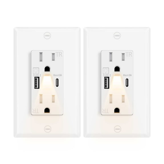 Greencycle Outlet With Built in Light And USB C,2PK 15Amp High Speed Night Light Outlet With USB,4.8A USB A/C Ports Electrical Outlet Tamper-Resistant,Wall Plate Included for Home,Office