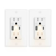 Greencycle Outlet With Built in Light And USB C,2PK 15Amp High Speed Night Light Outlet With USB,4.8A USB A/C Ports Electrical Outlet Tamper-Resistant,Wall Plate Included for Home,Office