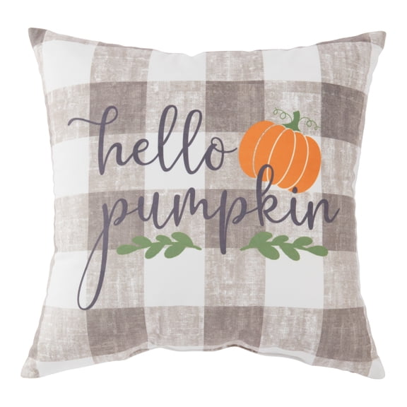 Greendale Home Fashions Hello Pumpkin Fall Harvest Plaid Square Throw Pillow - 18" - Gray