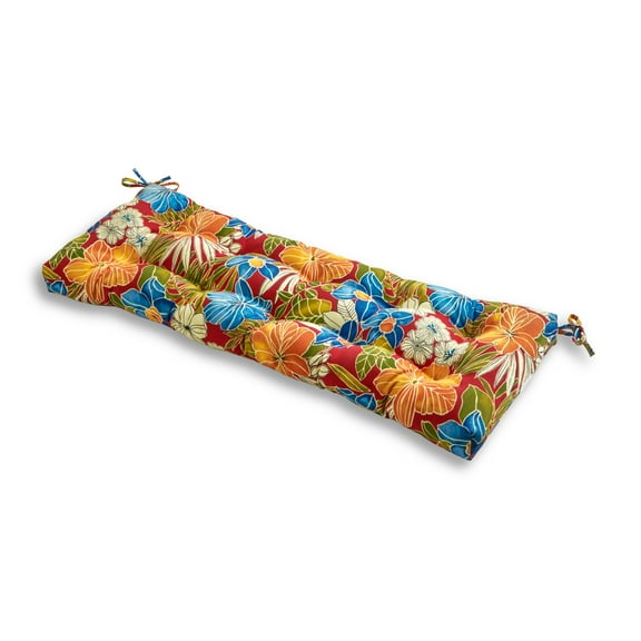 Greendale Home Fashions Aloha Red Floral 51 x 18 in. Outdoor Reversible Tufted Bench Cushion