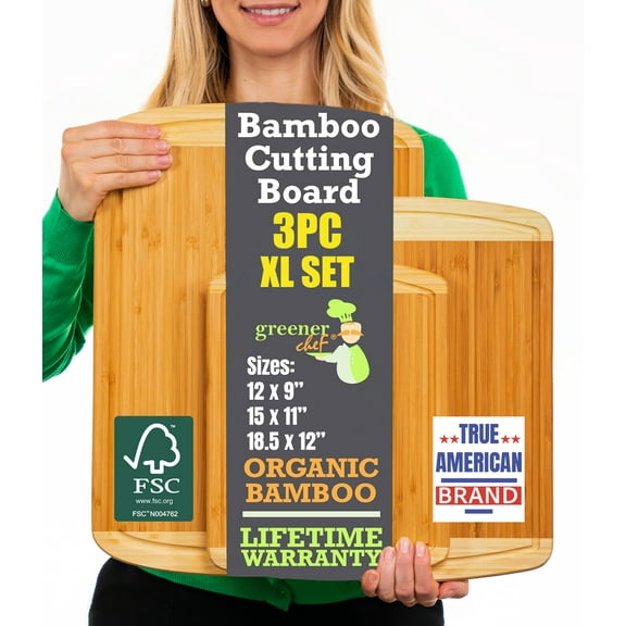 Greener Chef 3-Piece Organic Bamboo Cutting Board Set with Deep Juice Grooves, Two Tone