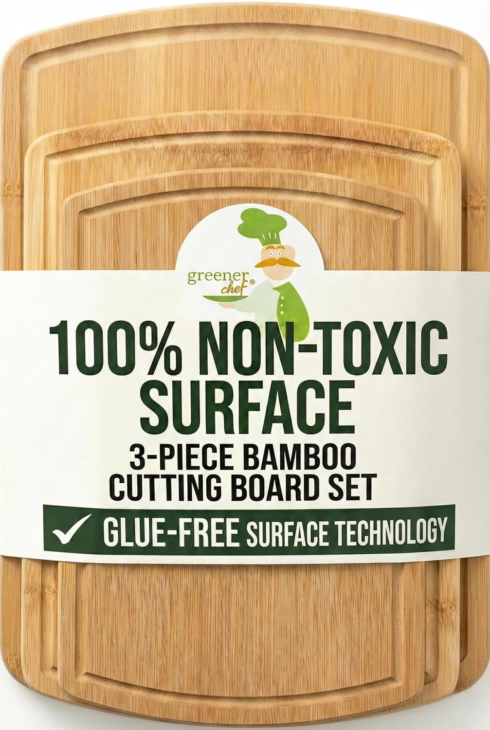 Greener Chef Luxury Bamboo Cutting Board Set of 3, Glue-Free Surface Technology, Extra Spacious XL Wood Kitchen Chopping Boards, Lifetime Replacement