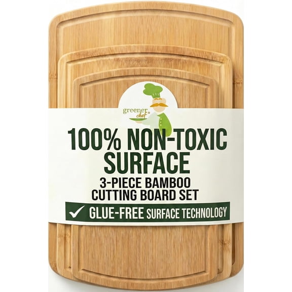 Greener Chef Luxury Bamboo Cutting Board Set of 3, Glue-Free Surface Technology, Extra Spacious XL Wood Kitchen Chopping Boards, Lifetime Replacement