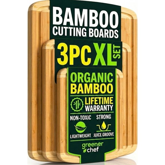 Greener Chef Luxury XL Bamboo Cutting Board Set of 3 with Vertical Grain Strength Technology - Extra Large Wood Cutting Boards for Kitchen and Lightweight Chopping Board Set - Replacements for Life