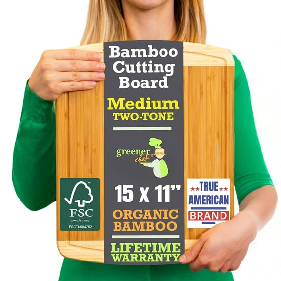 Greener Chef Two-Tone Organic Bamboo Cutting Board, Non-Toxic & FSC Certified, Medium, 15”