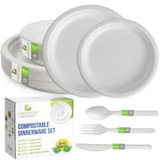 Greener Settings® 10" / 7" Compostable Disposable Paper Plate, Cutlery Box Set - 25 Sets