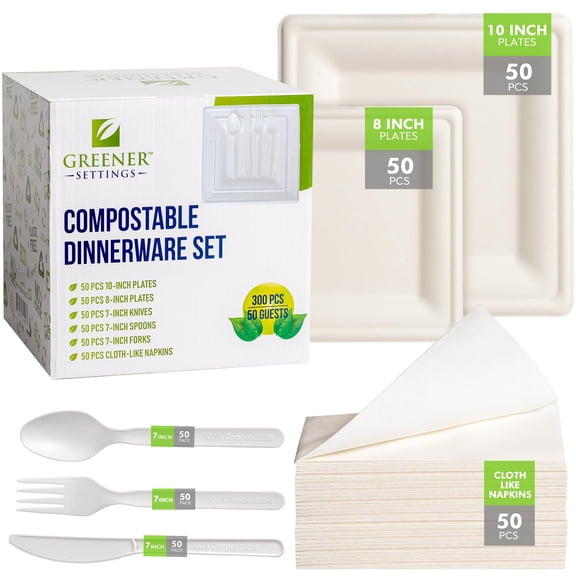 Greener Settings 300 Pcs Compostable Dinnerware AFN1Set - 10 & Eco-Friendly Sugarcane Plates - Biodegradable & Disposable, 50 White Square Plates, Forks, Knives, Spoons, and Napkins (50 Guests)