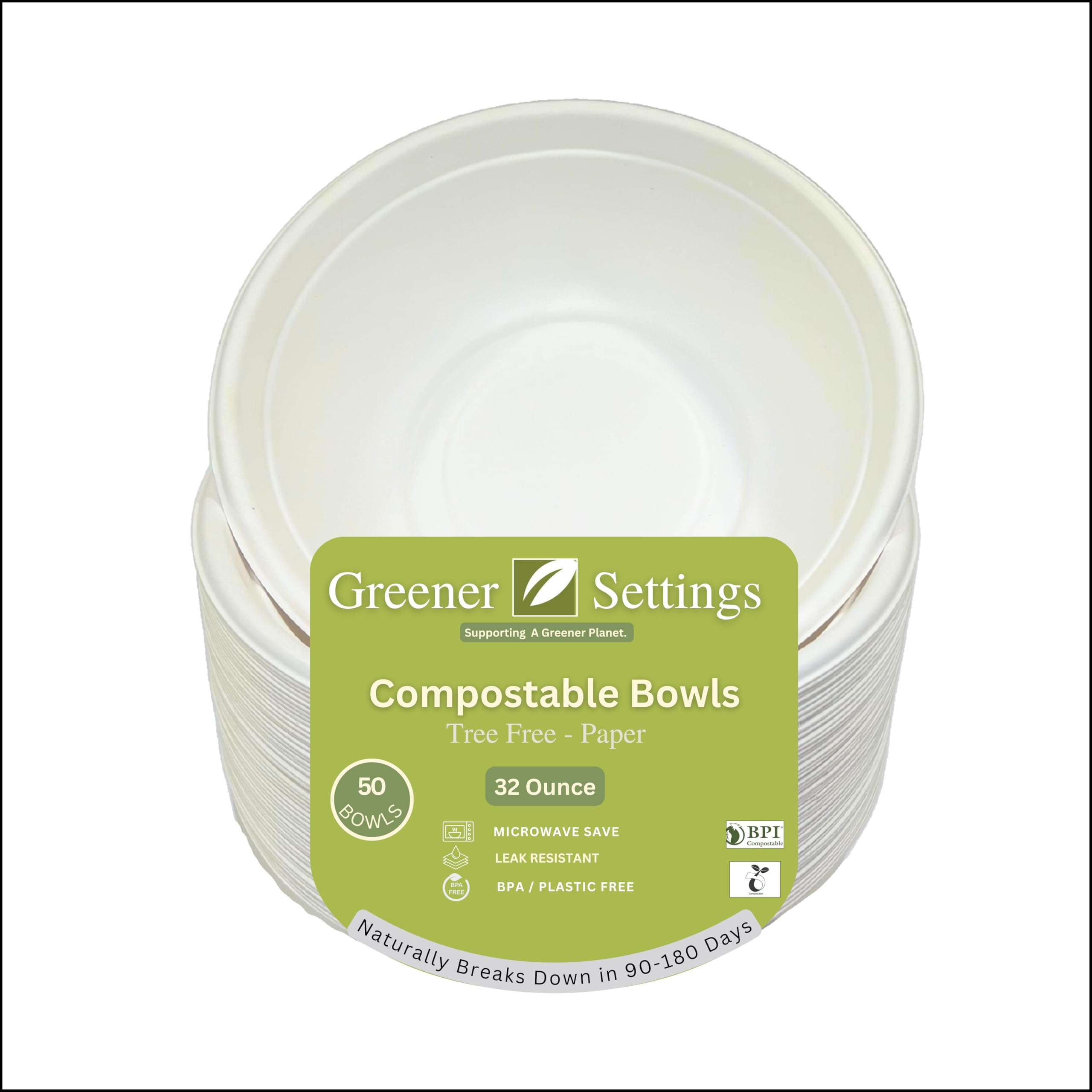 Greener Settings 32 oz Extra Large AFN1Compostable Paper Bowls - 50 ...