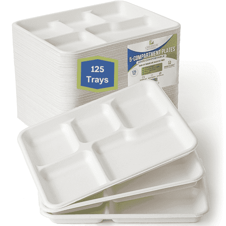 Greener Settings 5 Section Compartment Plates, 10.5" Compostable Disposable Paper Food Trays - 125 Count