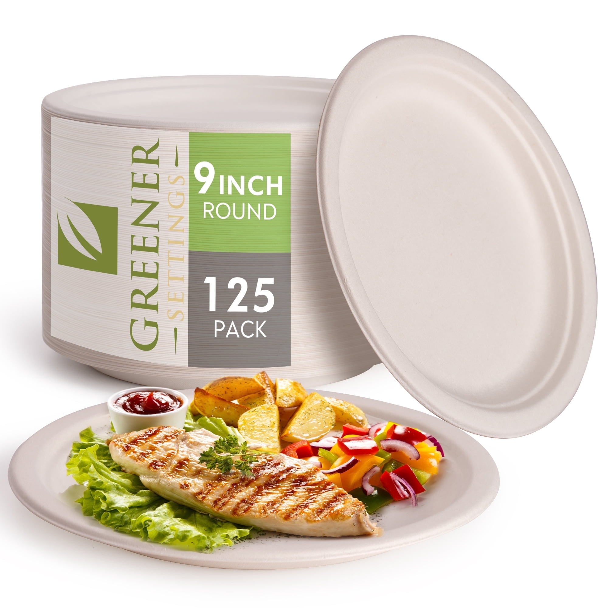 Greener Settings Compostables Tableware 9 Inch Heavy Duty Disposable Paper Plates, 125 Count, 1 Pack