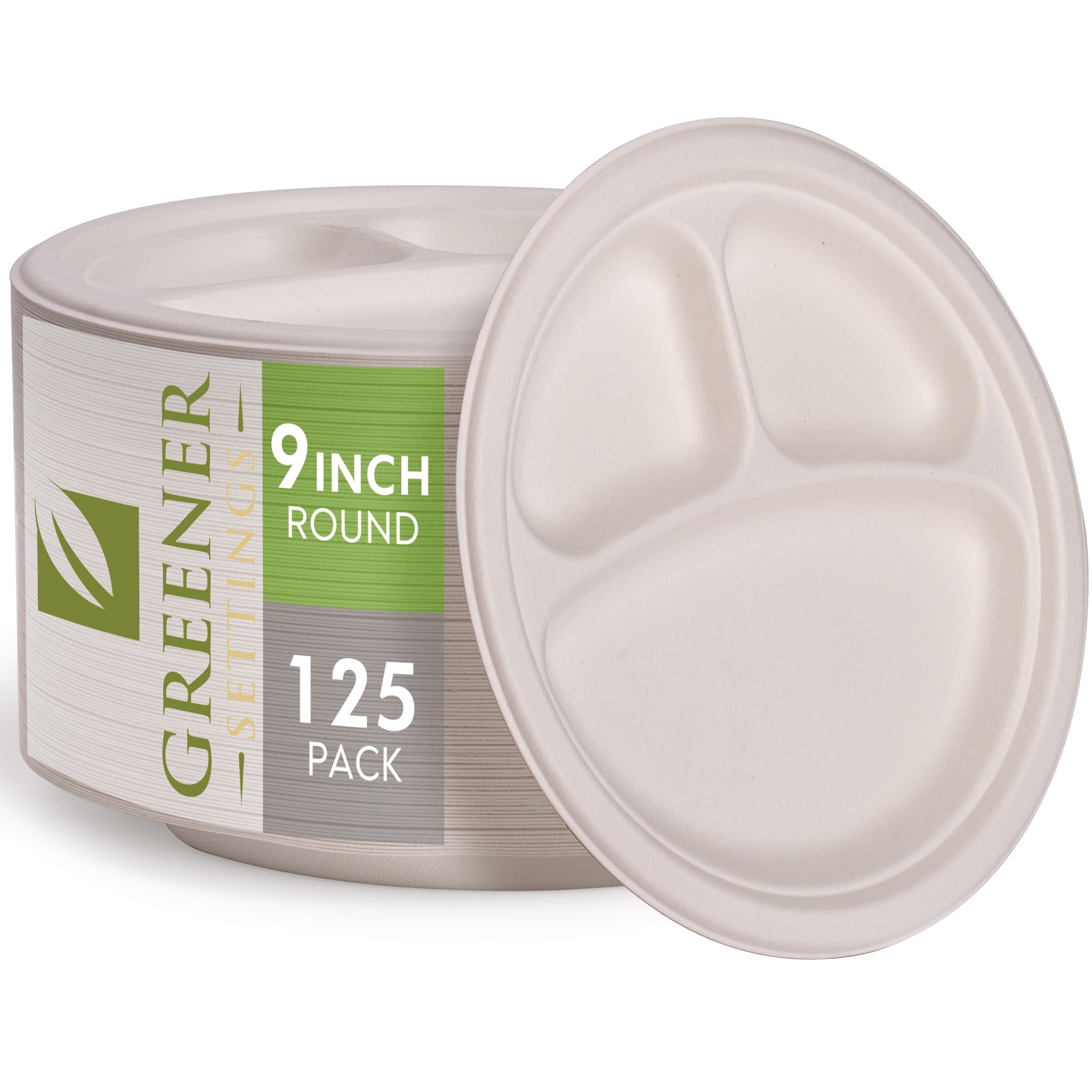 Greener Settings 9" Unbleached Compostable Disposable Paper 3-Section Compartment Plates - 125 Count