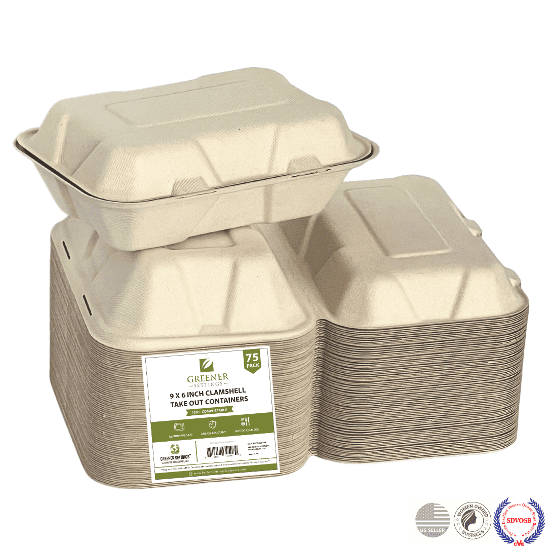 Greener Settings 9" x 6" Take Out To-Go Paper Clam Shell Food Container - 75 Count