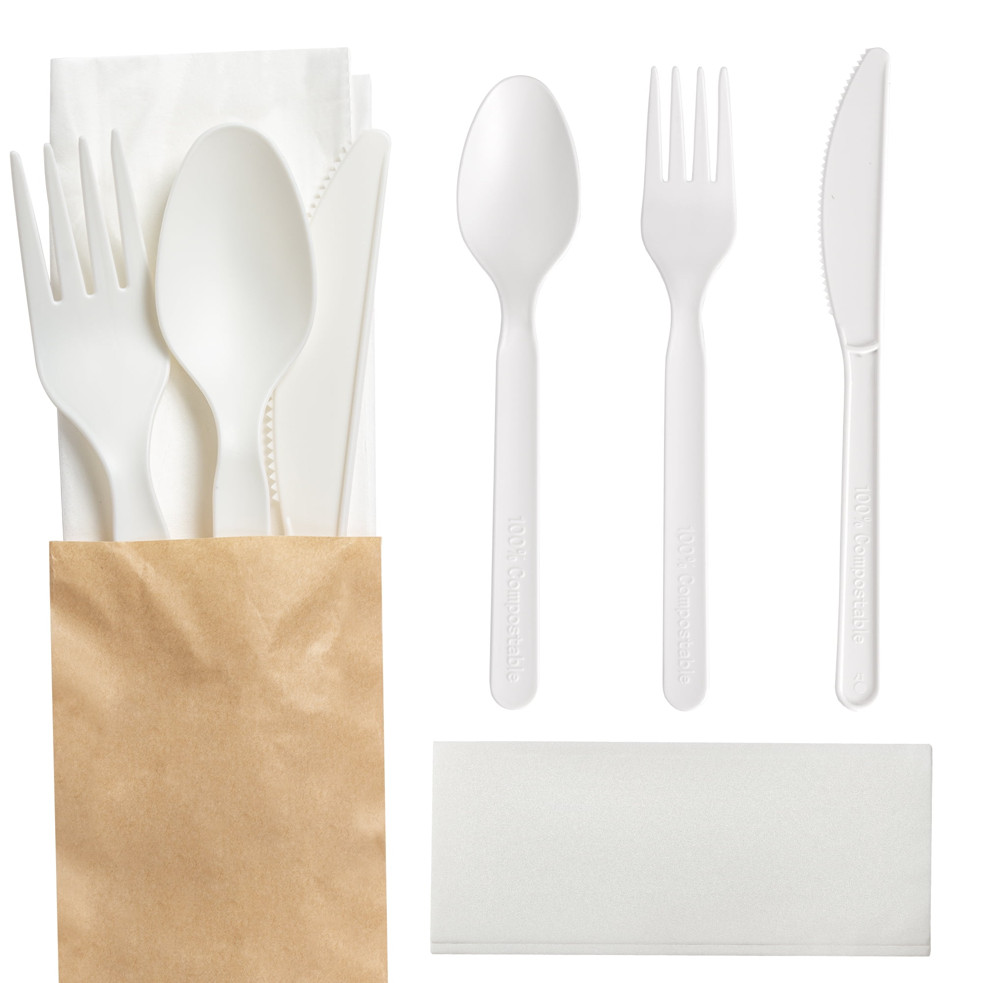 Greener Settings Compostable Disposable Individually Wrapped Sealed Cutlery Packets - 125 Sets