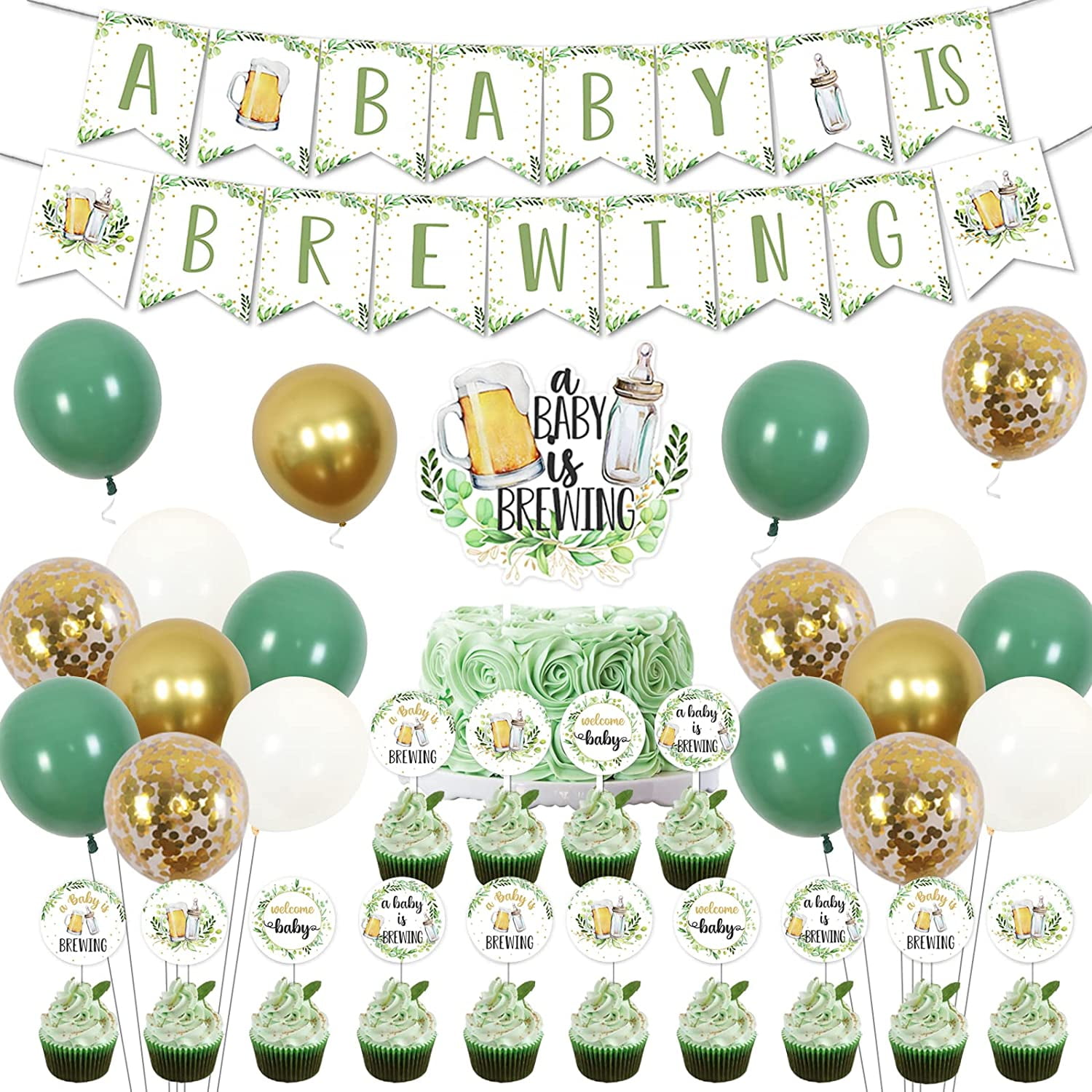 Greenery Baby Shower Decorations, A Baby Is Brewing Banner Welcome Baby Cake Decorations, Sage Green and Gold Balloons for Baby Shower Newborn Birthday Party Supplies