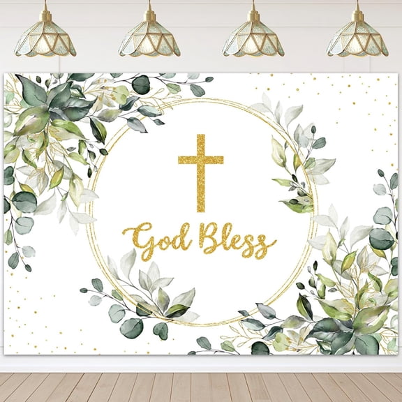 Greenery Baptism Backdrop Green and Gold God Bless Background First Holy Communion Christening Party Cake Table Decoration Banner Photo Booth Props (7x5ft)