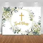 Greenery Baptism Backdrop Green and Gold God Bless Background First Holy Communion Christening Party Cake Table Decoration Banner Photo Booth Props