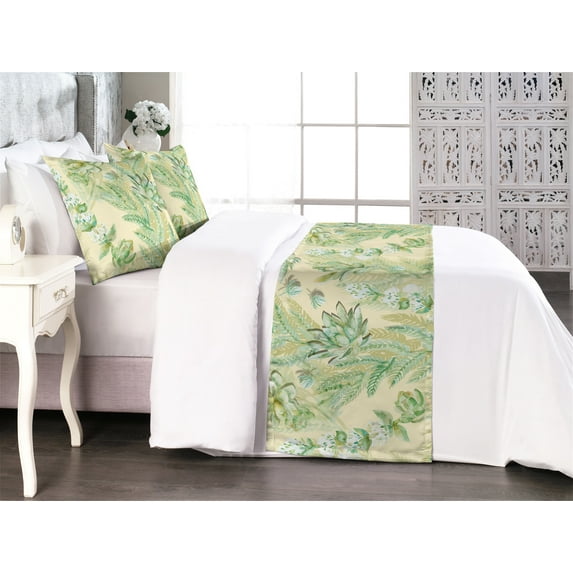 Greenery Bed Runner Set, Watercolor Style Lotus and Fern Leaves Pattern Exotics Concept Print, Decorative Bedding Scarf & 2 Pillow Shams for Hotels Homes, Queen, Peacock Green Fern Green, by Ambesonne