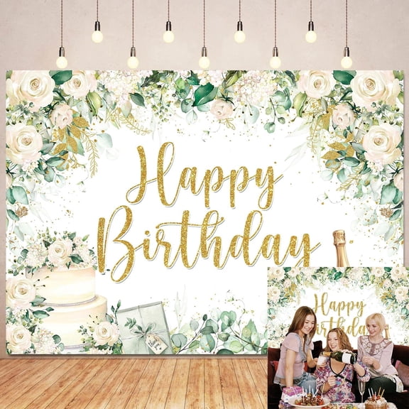 Greenery Birthday Backdrop Green Flowers Eucalyptus Leaves Happy Birthday Background for Women Girls White Rose Cake Birthday Party Decorations Banner Photo Booth Studio Props