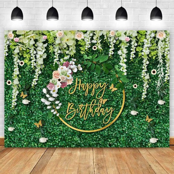 Greenery Birthday Backdrop Green Grass and Flowers Wreath Happy Birthday Background Party Decorations Banner Photo Booth Props
