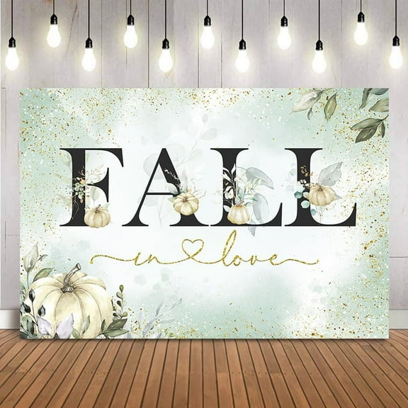 Greenery Bridal Shower Backdrop Pumpkin Fall in Love Photography Background Green Leaves Golden Glitter Dots Wedding Party Decorations Banner Supplies Photo Booth Props