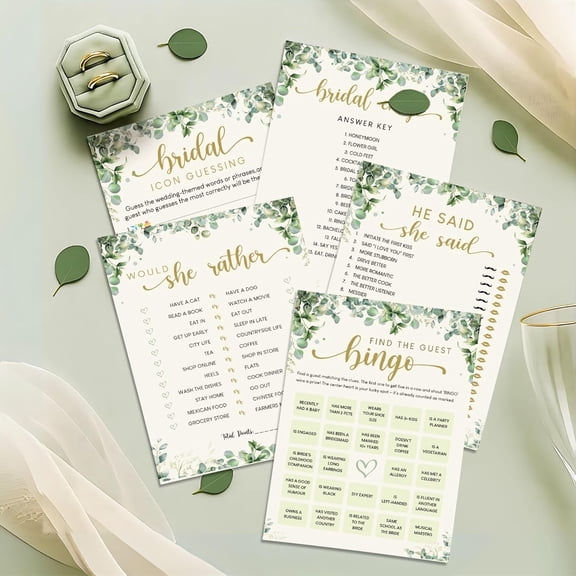 Greenery Bridal Shower Games for 30 Guests - 4 Funny Wedding Games for Bridal Shower Decorations, Eucalyptus Find The Guest Bingo Would She Rather Game Ideas for Wedding Reception