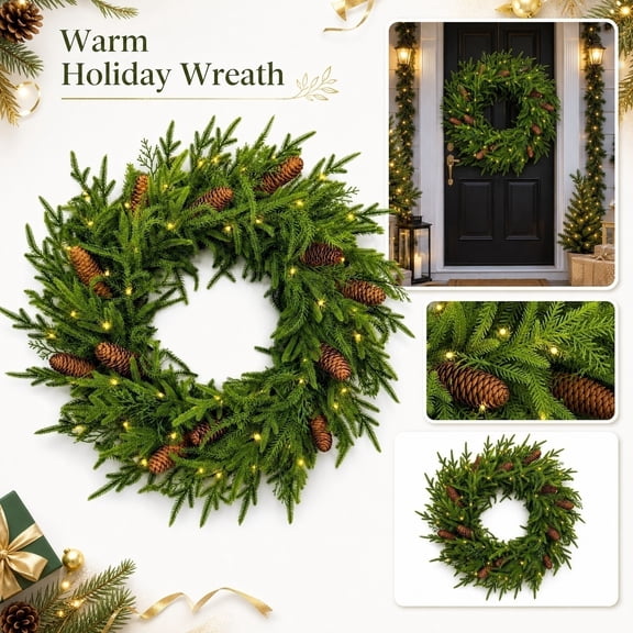 Greenery Christmas Wreath, Led Fairy Lights Battery Operated, Battery Operated Christmas Lights, Christmas Decor, Full Lush Faux Evergreen Branches with Pine Accents for Indoor