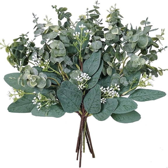 GreeneryFake Flowers,10 Pcs Mixed Artificial Oval Eucalyptus Leaves Bulk with White Seeds Stems and Spray for Vase Floral Wreath Bouquets Wedding Greenery Decoration