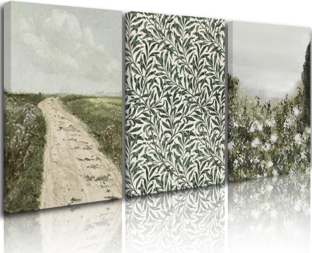 Greenery Farmhouse Wall Art Set of 3 Sage Green Wall Decor, Vintage ...