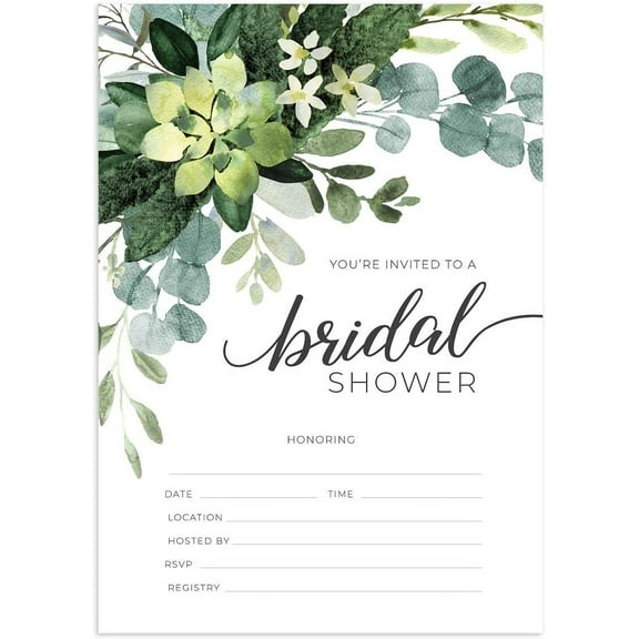 Greenery Fill In the Blank Bridal Shower Invitation / 25 Bridal Shower Invitations and Envelopes / 5" x 7" Flat Invite Cards