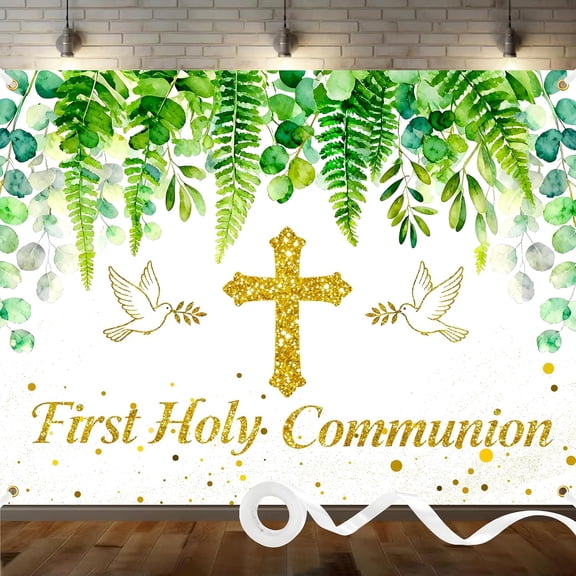 Greenery First Holy Communion Backdrop First Communion God Bless Baptism Background Christening Confirmation Party Decorations Banner Photo Booth Props