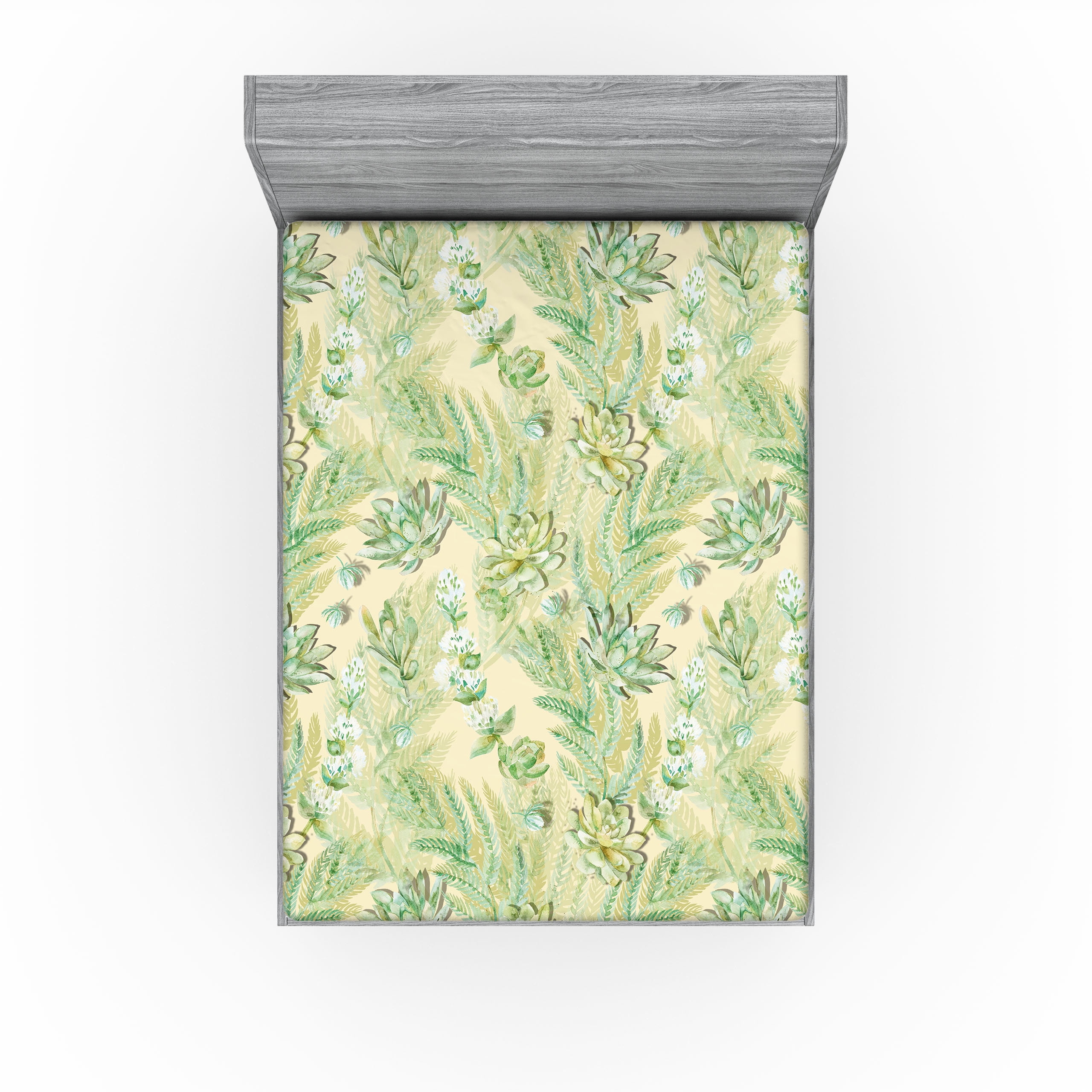 Greenery Fitted Sheet, Watercolor Style Lotus and Fern Leaves Pattern