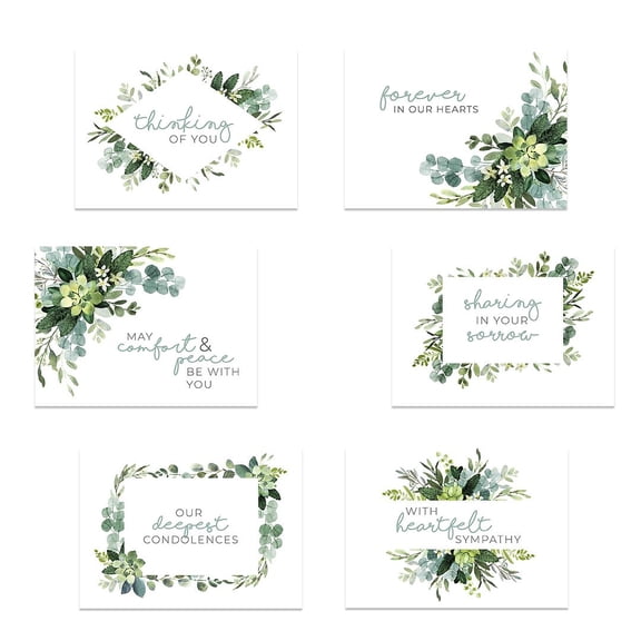 Greenery Floral Sympathy Cards / 24 Sympathy Cards And Envelopes / 6 Modern Designs / 4 5/8" x 6 1/4" Sympathy Greeting Cards