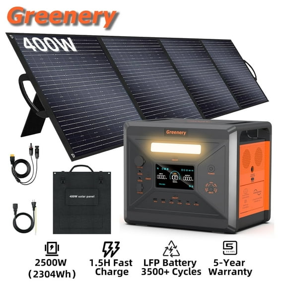 Greenery Portable Power Station G2500 2500W (Peak 5000W) 2304Wh LiFePO4 Solar Generator with 400W Solar Panels for Camping Home Backup
