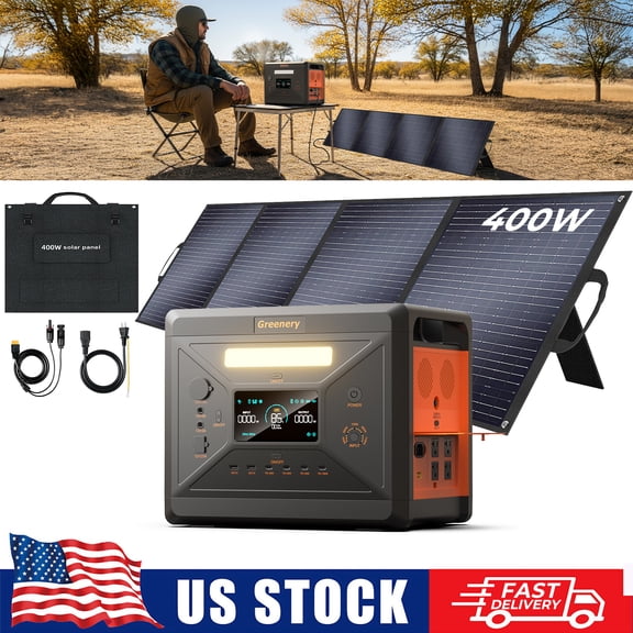 Greenery Portable Power Station 2500W(Peak 5000W) 2304Wh Solar Generator for RVs/Home Backup Camping Outdoor LiFePO4 Battery 400W Solar Panel 4 AC Outlets Emergency Power Supply