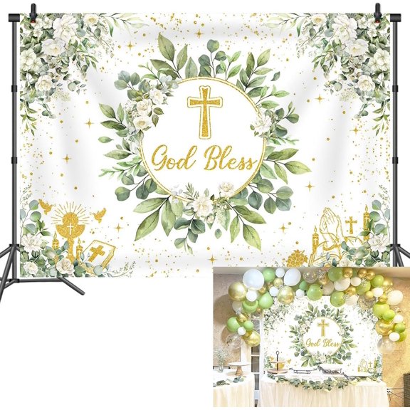 Greenery God Bless Backdrop Banner Green Baptism Photoshoot Background First Holy Communion Christening Party Decorations Banner Booth Props (7x5FT(82 x 59 inch))