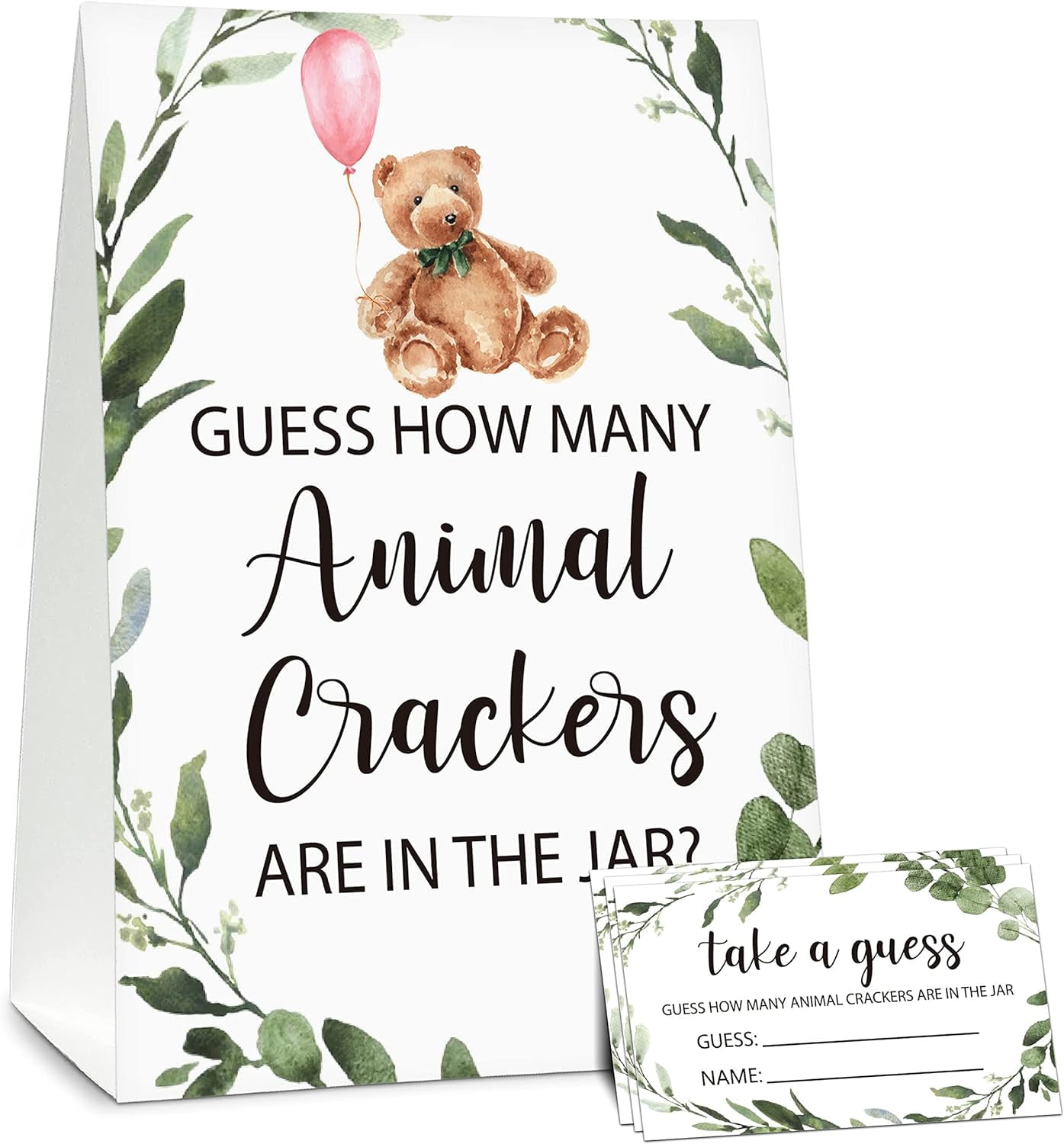 Greenery Guess How Many Animal Crackers Baby Shower Game Cards Teddy