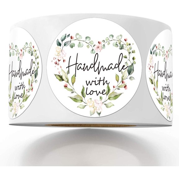 Greenery Handmade Labels, 1.4 in Round, 500 Adhesive Labels per Roll, Handmade Packaging