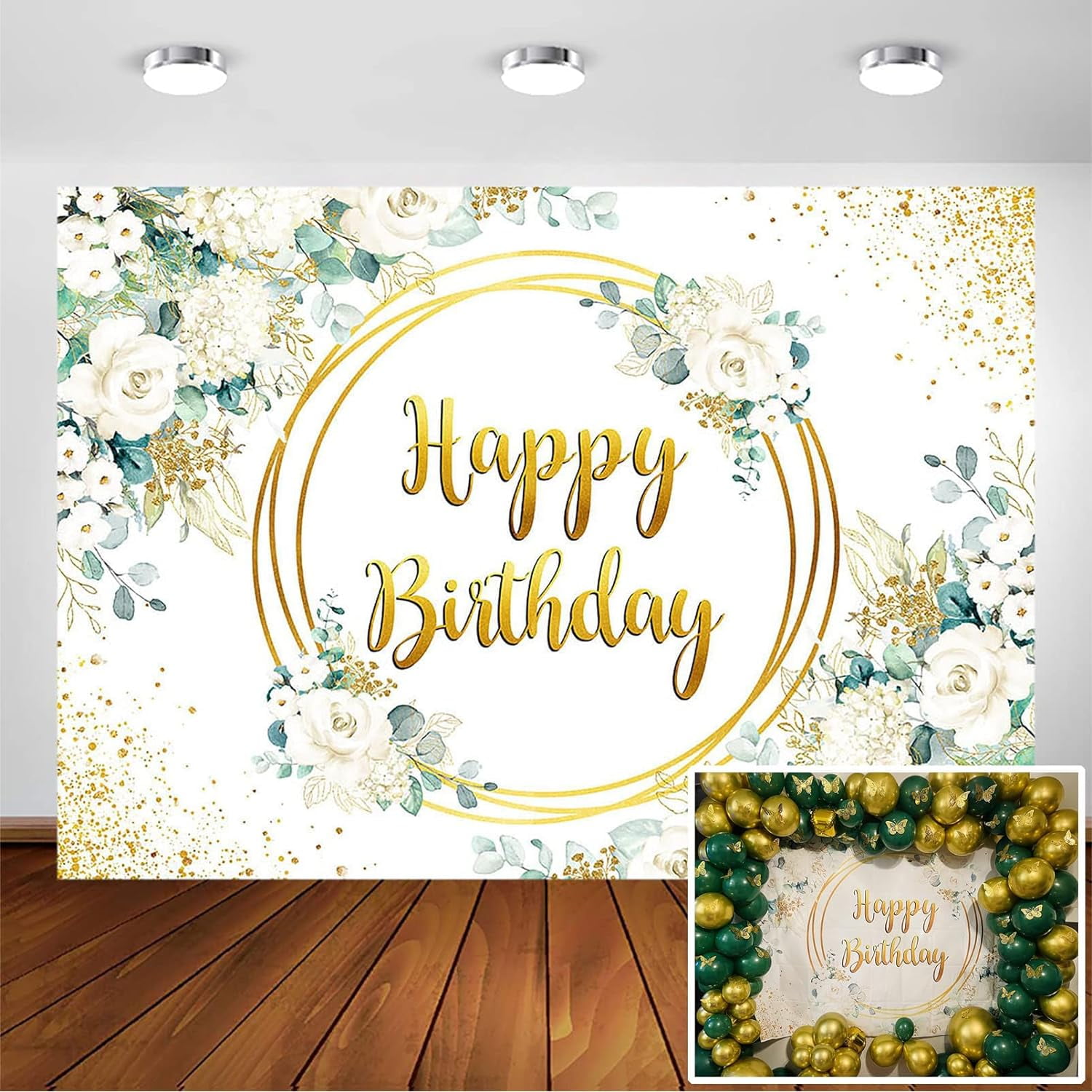 Green Gold Leaves Round Happy Birthday Backdrop
