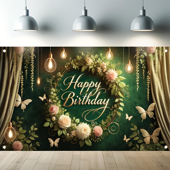 Greenery Happy Birthday Backdrop Green Grass and Flowers Wreath Women Girls Photography Background Floral Wall Green Leaves Baby Shower Party Decoration Banner