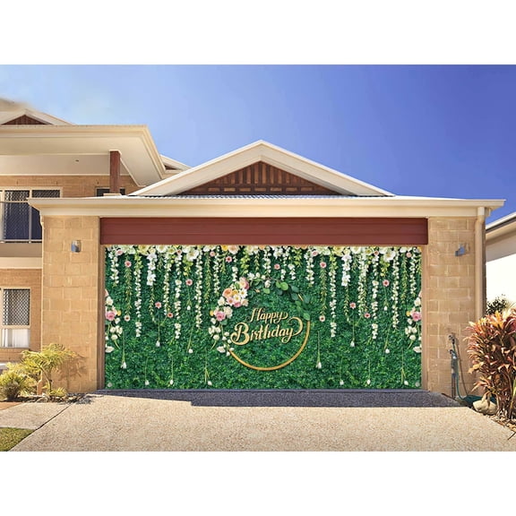 Greenery Happy Birthday Garage Door Decoration Background Green Grass Wall Leaves Flower Birthday Party Backdrops Photography Backdrop Jungle Safari Indoort Outdoor Banner Garage Door Cover 16X7FT