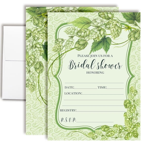 Greenery Hops Brewery Bridal Shower Invitations, 20 Fill-In Cards with Envelopes, 5x7 Wedding Shower Invitations for Bride, Bridal Party Supplies and Decorations, Made in USA by Amanda Creation