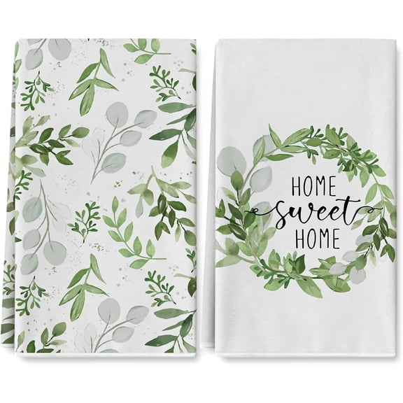 Greenery Kitchen Towel 18 x 28 Inch Watercolor Green Leaves Dish Towel Home Sweet Home Eucalyptus Hand Drying Tea Towel for Spring Summer Baking Cooking Cleaning Party Supplies, 2Pcs