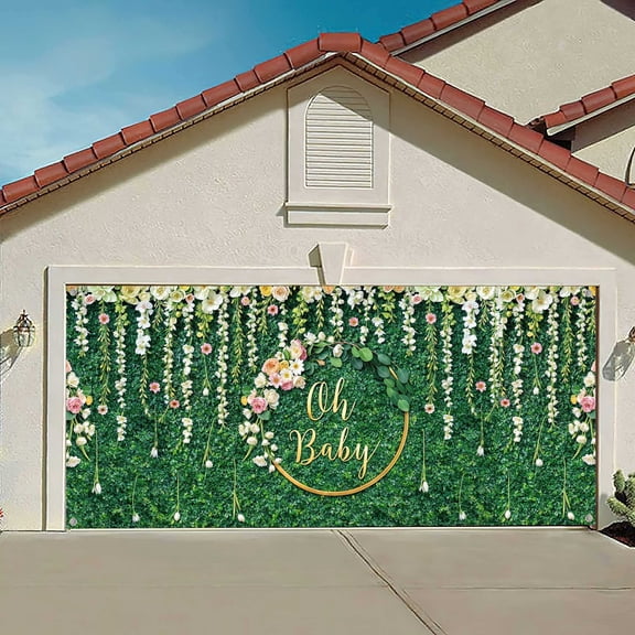 Greenery Oh Baby Garage Door Decoration Background Green Grass Wall Leaves Flower Baby Shower Party Backdrops Photography Backdrop Jungle Safari Indoort Outdoor Banner Garage Door Cover 16X7FT
