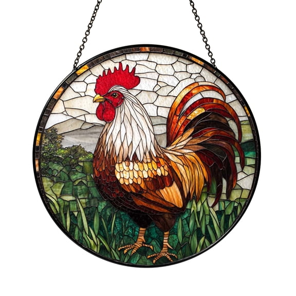 Greenery Rooster Stained Glass Round Window Panel, Bright Farmhouse Nature Decor