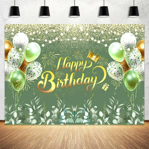 Greenery Sage Green Happy Birthday Backdrop Decorations Eucalyptus Leavesfor Women Birthday Banner Green Glitter Ballon Background Birthday Party Decoration Cake Table Banner Supplies 9X6FT