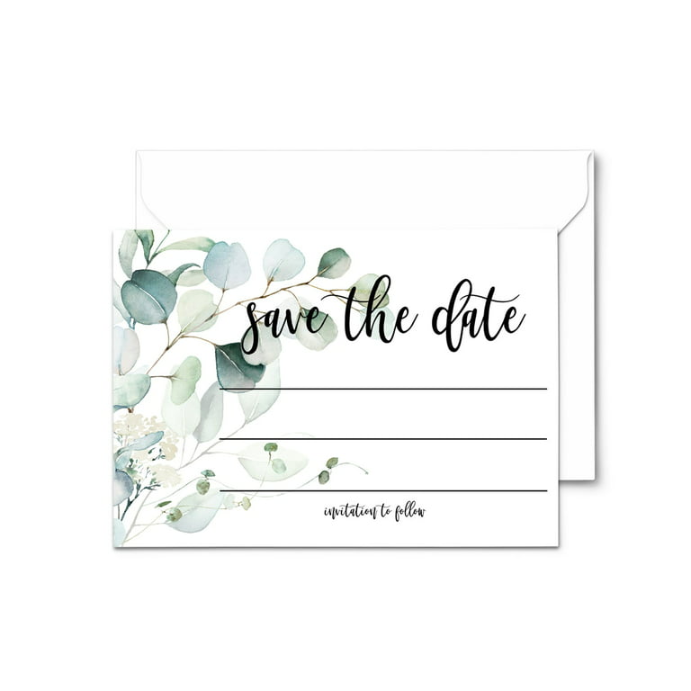 Greenery Save the Date Cards with Envelopes (25 Count) All Occasions Fill  In Set - Wedding Engagement Bridal Shower Baby Shower Graduation - Printed  4bar 